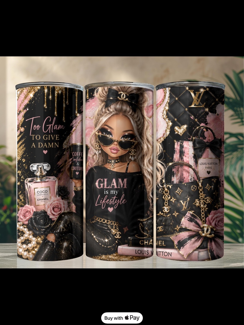 Glam /Too Glam to give a damn s.s.20 oz tumbler with straw,in box NWT